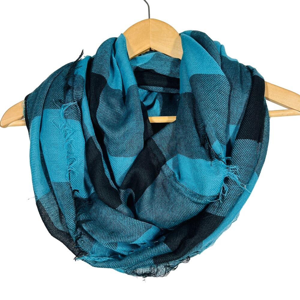 NEW! Lane Bryant Checker Knit Scarf Teal Black Fringe Casual